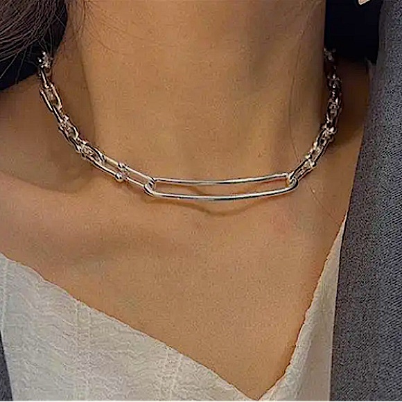 Sterling Silver U Link Necklace Horseshoe Unisex Paperclip Choker Neck… - Picture 6 of 7